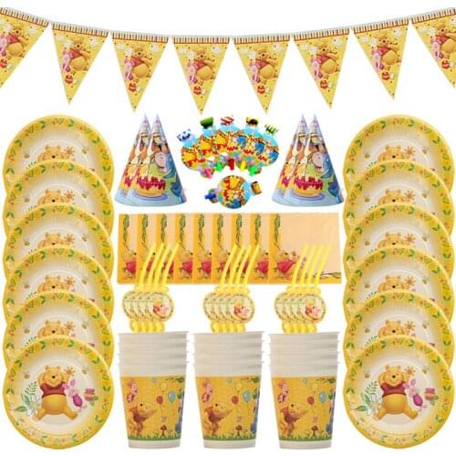 90pcs Disney Cartoon Winnie The Pooh Birthday Party Supplies DIsposable Tableware Set Decoration For Kids Happy Birthday Gifts