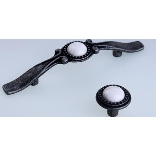 Single hole, 76 hole pitch hwite natural gem modern simple American pull wardrobe cabinet door drawer handle 3" antique iron