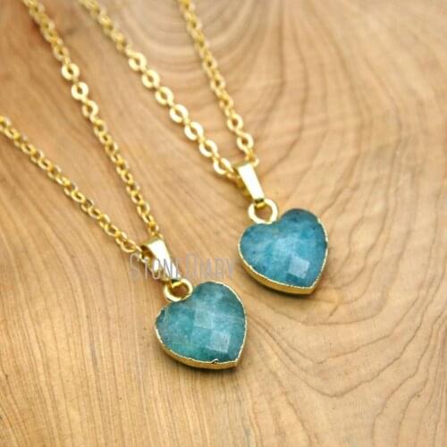 10Pcs Pure Amazonite Chains Necklaces Pure Gold Color Faceted Heart Shaped Chains Necklaces For Sale 16-20inch NM15663
