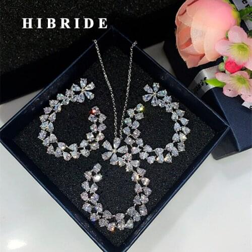 HIBRIDE Luxury Clear Cubic Zircon Women Jewelry Sets Bridal Wedding Necklace Pendant Earring Set parure bijoux femme N-297