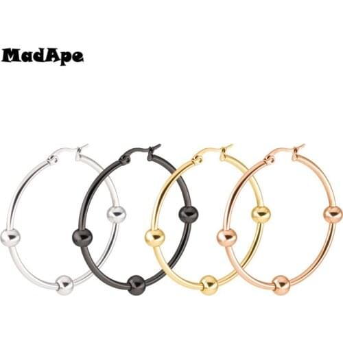 MadApe Simple Beads Round Hoop Earrings Stainless Steel Fashion Women Gold Color Ear Eircle Jewelry 4 Size Lady Gift Boucles