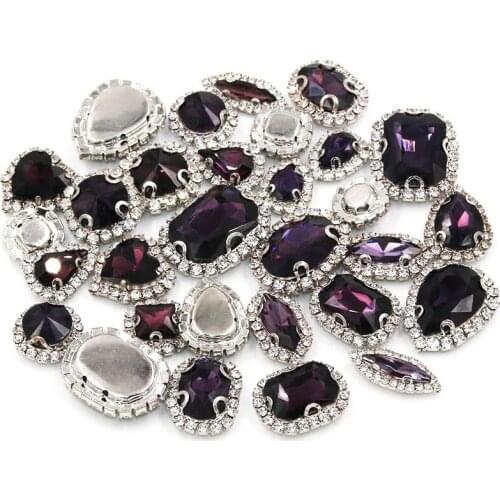 Wedding decorations Deep purple crystal buttons mix shape sew on glass rhinestones with cup chian rim diy clothing/necklace