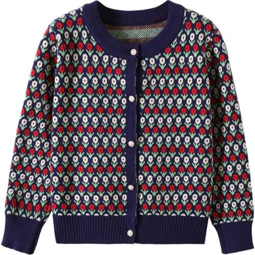 Winter womens round neck sweater retro flowers pearl buttons thickening fashion temperament wild 2020 new