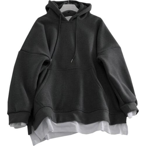 ZuoLunOuBa Winter Plus Cashmere Casual Women Hoodie Solid Loose Sweatshirt Splicing Harajuku Fake Two Fashion Pullover Female