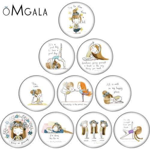 Yoga Girl Cartoon Motivational quote glass snap button jewelry DIY Round photo cabochons flat back TW1111