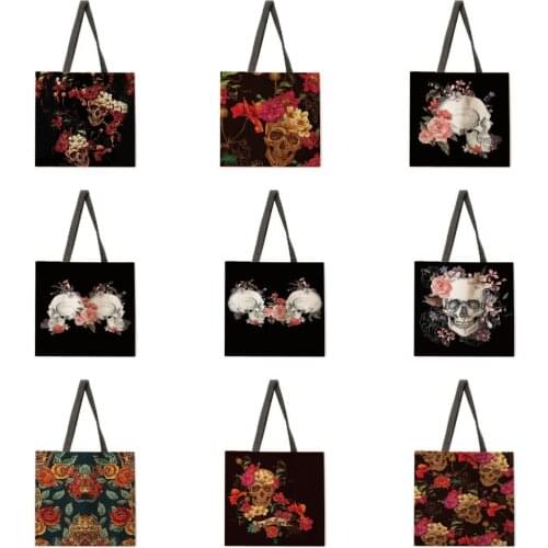 Floral skull print handbag ladies linen bag ladies shoulder bag outdoor handbag foldable shopping bag