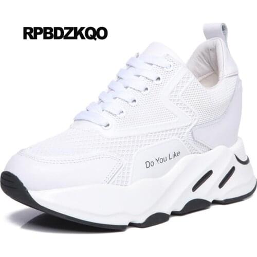 Women high quality sneakers creepers platform shoes muffin thick sole mesh hidden genuine leather breathable elevator trainers