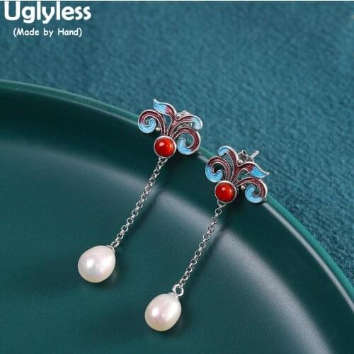 Uglyless Enamel Grass Studs Earrings for Women Nature Pearls Agate Tassel Earrings Vintage Thai Silver 925 Silver Ethnic Jewelry