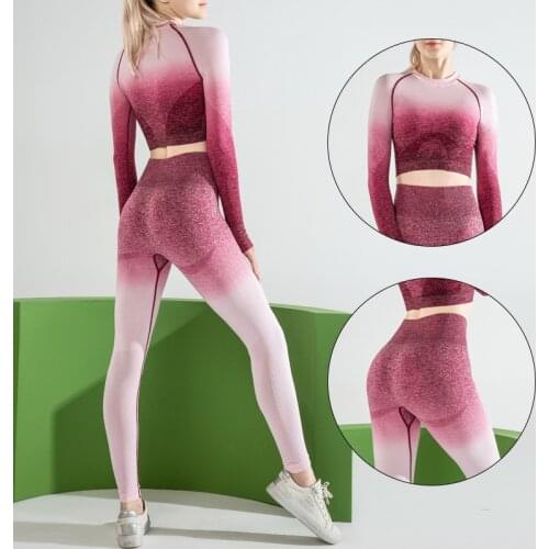 Women 2pcs Seamless Yoga Set Sport Suit Gymwear Workout Clothes Long Sleeve Gym Crop Top High Waist Leggings Fitness Sports Wear