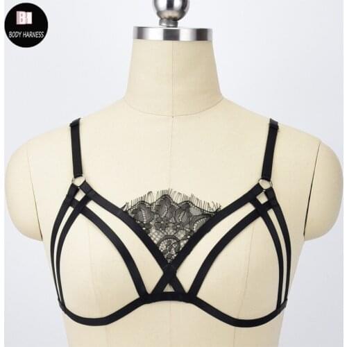 Pastel Goth Cross Sexy Lingerie Bondage Harness Black Lace Open Chest Pole Dance Harajuku Gothic Cage Bra Top Rave Body Harness