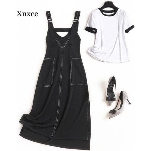 2021 Summer V Neck Strap Dress Suit Fashion Simple New White T-Shirt Long Overalls Two-Piece Set Japanese Casual Outfits Clothes
