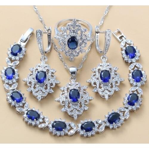 Women Wedding Accessories Silver Color Blue CZ Jewelry Sets Dangle Earrings Necklace And Ring For Women Bridal Sets