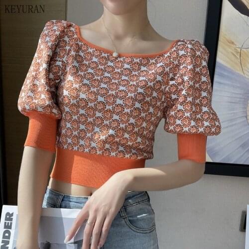 2021 Spring Summer Vintage Square Collar Floral Sweater Women Lantern Sleeve Slim High Waist Short Knitted Pullover Tops T Shirt