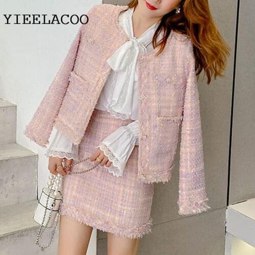 Pink tweed jacket + Skirt suit little fragrance Spring /Autumn womens jacket ladies 2 piece Elegant Professional Set