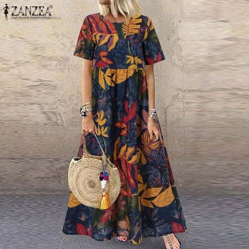 Women Vintage Floral Printed Maxi Sundress ZANZEA Summer Short Sleeve Holiday Long Vestidos Kaftan Loose Beach Dress Robe Femme
