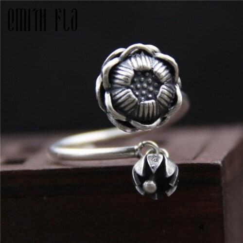 Genuine 925 Sterling Silver Female Vintage Simple Open Rings Lotus Design Fashion Jewelry For Women Tail Ring Opening