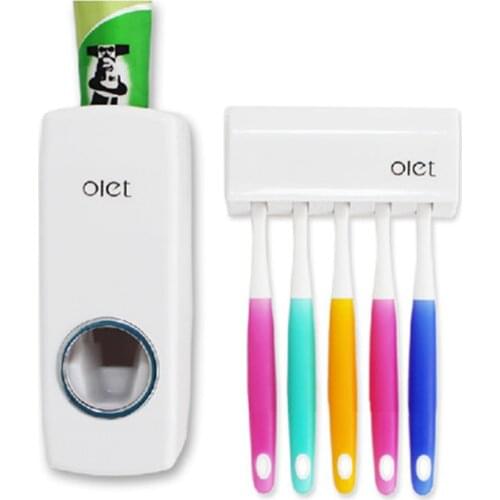 1 Set Tooth Brush Holder Automatic Toothpaste Dispenser + 5 Toothbrush Holder Toothbrush Wall Mount Stand Bathroom Tools