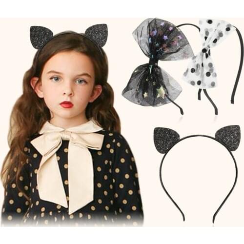 1 PCS Black Cat Ear Colorful Dot Print Metal Hair Band Princess Headwear White Polka-Dot Headbands For Girls Hair Accessories