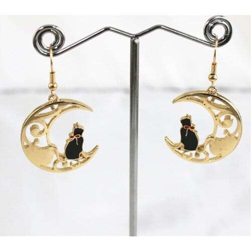 2020 sweet and lovely temperament hollow moon cat oil drop earrings ear hooks without holes ear clips