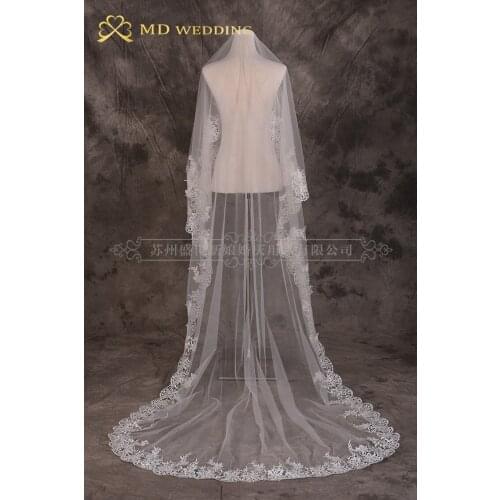 Free Shipping White Appliqued Cathedral 3m Long Bridal Veil Wedding Veil With Comb Lace Mantilla Wedding Accessories MD3039