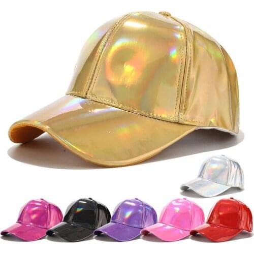 Women Men Faux Leather Baseball Cap Glitter Metallic Holographic Rainbow Reflective Hip Hop Adjustable Strapback Peaked Hat