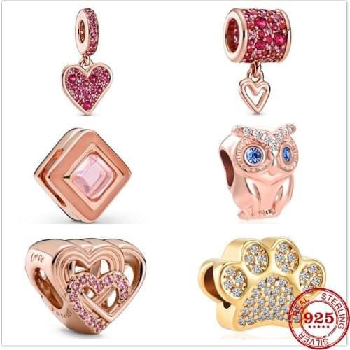 New 925 Sterling Silver Rose gold Heart Owl Paw Dangle Charm bead Fit Original Pandora Bracelet DIY Jewelry For Women