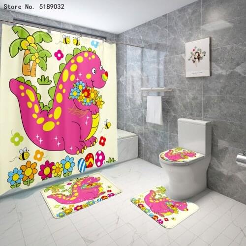 Dinosaur Bath Curtain Sets 3/4 Piece Cartoon Shower Curtain Toilet Lid Cover Flannel Bath Rug Mat Dinosaur Kids Bedroom Sets