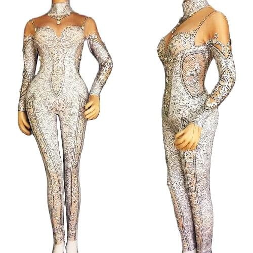 Women Shining Diamonds Acrobatic Leotard Stretch Nightclub Pole Dancing Costumes Evening Party Singer Performance Stage Wear