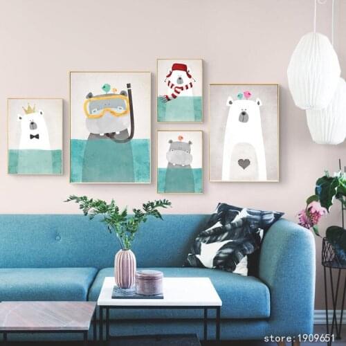 Cotton no frame cartoon animal diving bear rabbit canvas printings oil painting printed on cotton wall art decoration picture