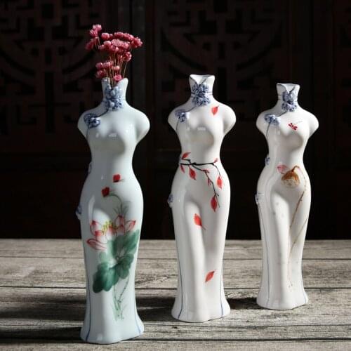 CHINESE CLASSICAL CERAMIC VASE BODY ART STATUE DESK DECOR CHEONGSAM FIGURINES ORNAMENTS PAINTED VASES VINTAGE HOME DECORATION