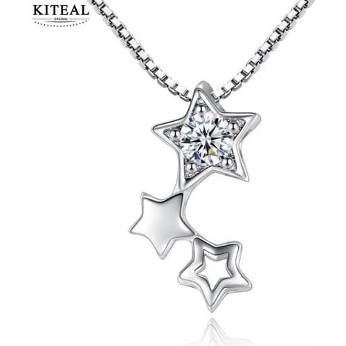 KITEAL Women 925 collares CZ Sterling Box Zirconia Star Pendant kolye choker For S-N109 Chain Jewelry 45cm Gift Neckace Silver