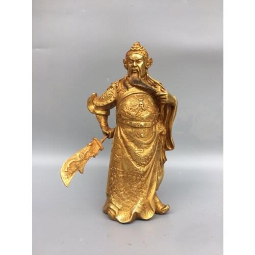 9"Chinese temple collection Old Bronze Gilt Guan Yu Standing like Guan Yu Take Guan Gong Knife Ornaments Town House