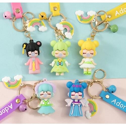 Cartoon Bubble Fairy Pendant Keychain Bell Trinket Girl Boy Bag Ornament Kids Toy Doll Car Accessory Key Ring Cute Couple Gift