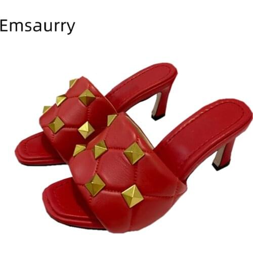 Genuine Leather Multicolor Lazyman Mules Lady Sexy Kitten Heel Open Toe Slingbacks Rivet Decor Summer Sandals Women