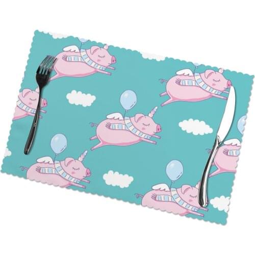 Set of 6 Cute Pink Pig As Pegasus Unicorn With Clouds Placemats for Dining Table Place Mat in Kitchen Accessories Cup Wine Mat