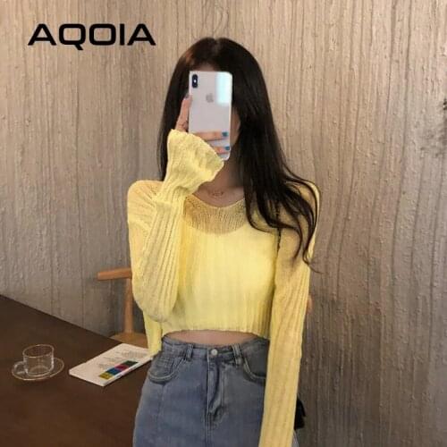 2021 Autumn Chic Sexy Solid Color Thin Women Sweater Long Sleeve Loose Transparent Short Womens Pullovers V Neck Female Clothing