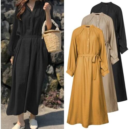 2021 Autumn Female Dress Belt Thin Long Dresses ZANZEA button long sleeves Robe Femme Ladies Casual Round Neck Maxi Dresses