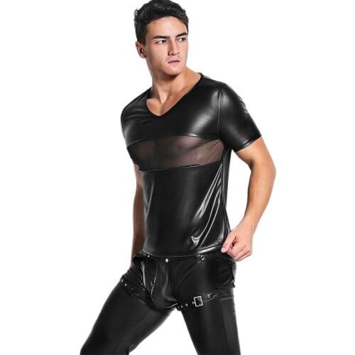 Sexy Men Patchwork Gothic Mesh PU Faux Leather T-Shirt Punk V-neck Shiny T-Shirt Cool Men Tight Shirts Plus Size Gay Wear