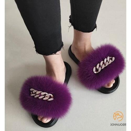Fur Slippers Real Fox Fur Luxury Fluffy Cute Plush Ladies Flip Flops Summer Outdoor Fashion Casual Business Flat Sandals