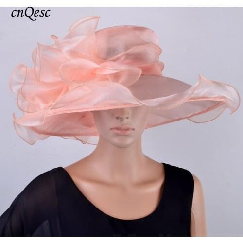 Wholesale Elegant NEW Large nude pink peach organza hats wedding womens hat fedora fascinator Derby hat.FREE SHIPPING.QHF035