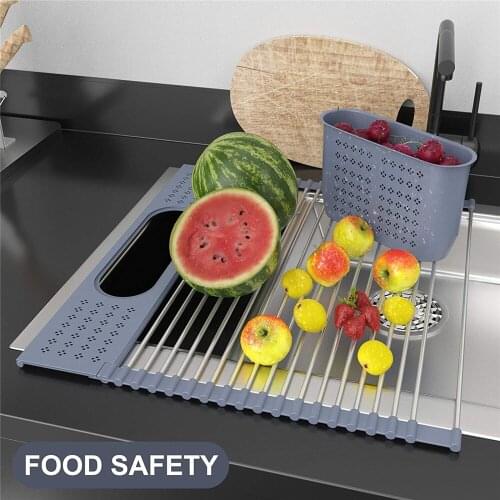 Roll Up Dish Drying Rack Over Sink Rollable Foldable Stainless Steel Drainer with Removable Storage Basket for Kitchen
