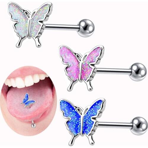 Starose 1Pc Cool Multicolor Sequins Butterfly Tongue Piercing Bar 14G Tongue Rings Surgical Stainless Steel Barbell Body Jewelry