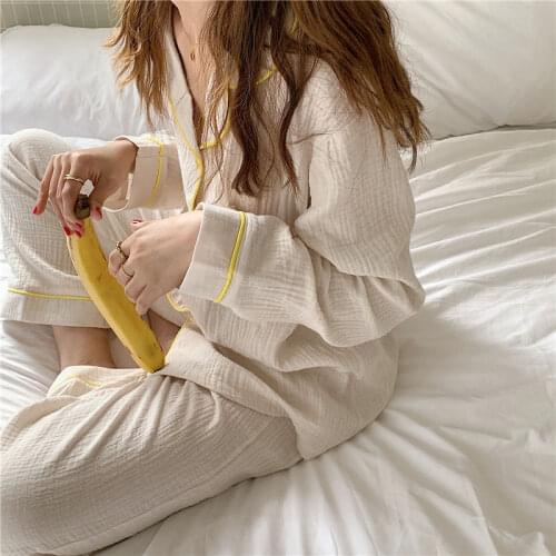 QWEEK Cotton Home Wear Korean Pajamas Women Girls Spring Autumn Pyjamas Long Sleeve Pijamas Simple Two Piece Set Loungewear 2021