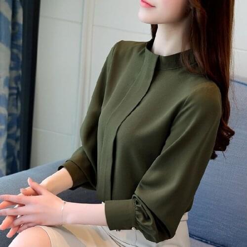 2021 Autumn New Women Chiffon Shirts Elegant Office Ladies Stand Collar Long Sleeve Tops Female Solid Color Loose Shirts Q644