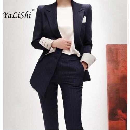 2 Pieces Set 2020 Autumn Business Dark Blue Striped Formal Suits For Women Office Long Sleeve Work Wear Set 2 Piece Pants Suits