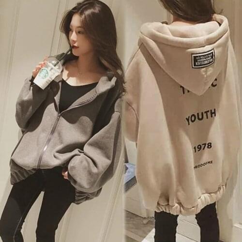 Women Letter Printed Loose Hooded Sweatshirts Female Thicker Warm Velvet White Sweatshirt Winner Long Sleeve Zip-up Korean Tops