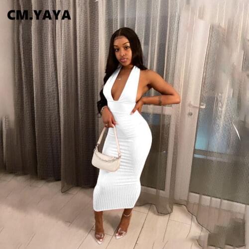 CM.YAYA Women Maxi Dress Solid Sleeveless Halter Backless Low Collar Bodycon Long Dresses Sexy Night Party Vestidos Summer