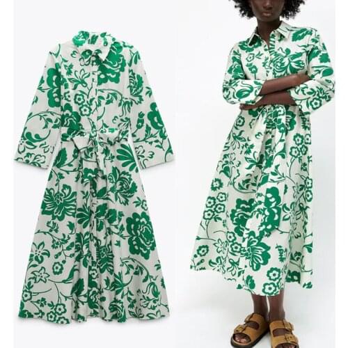 ZA 2021 Summer Floral Print Shirt Dress Women Vintage Long Sleeve Belted Dresses Female Chic Button Up Pleated Midi Green Dress