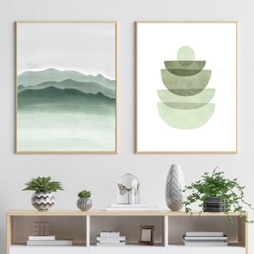 Watercolor Green Abstract Geometric Shapes Art Prints Nordic Poster Mint Green Canvas Painting Wall Pictures Living Room Decor