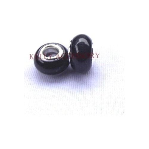 Free Shipping 100pcs Black Charms Silver Plated Cats Eye Stone Beads Big Hole Beads For Jewelry Making Bracelet DIY Beads